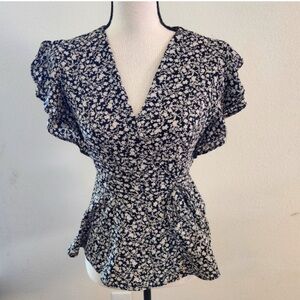 Monteau Black and White Ruffled Cap Sleeve Blouse